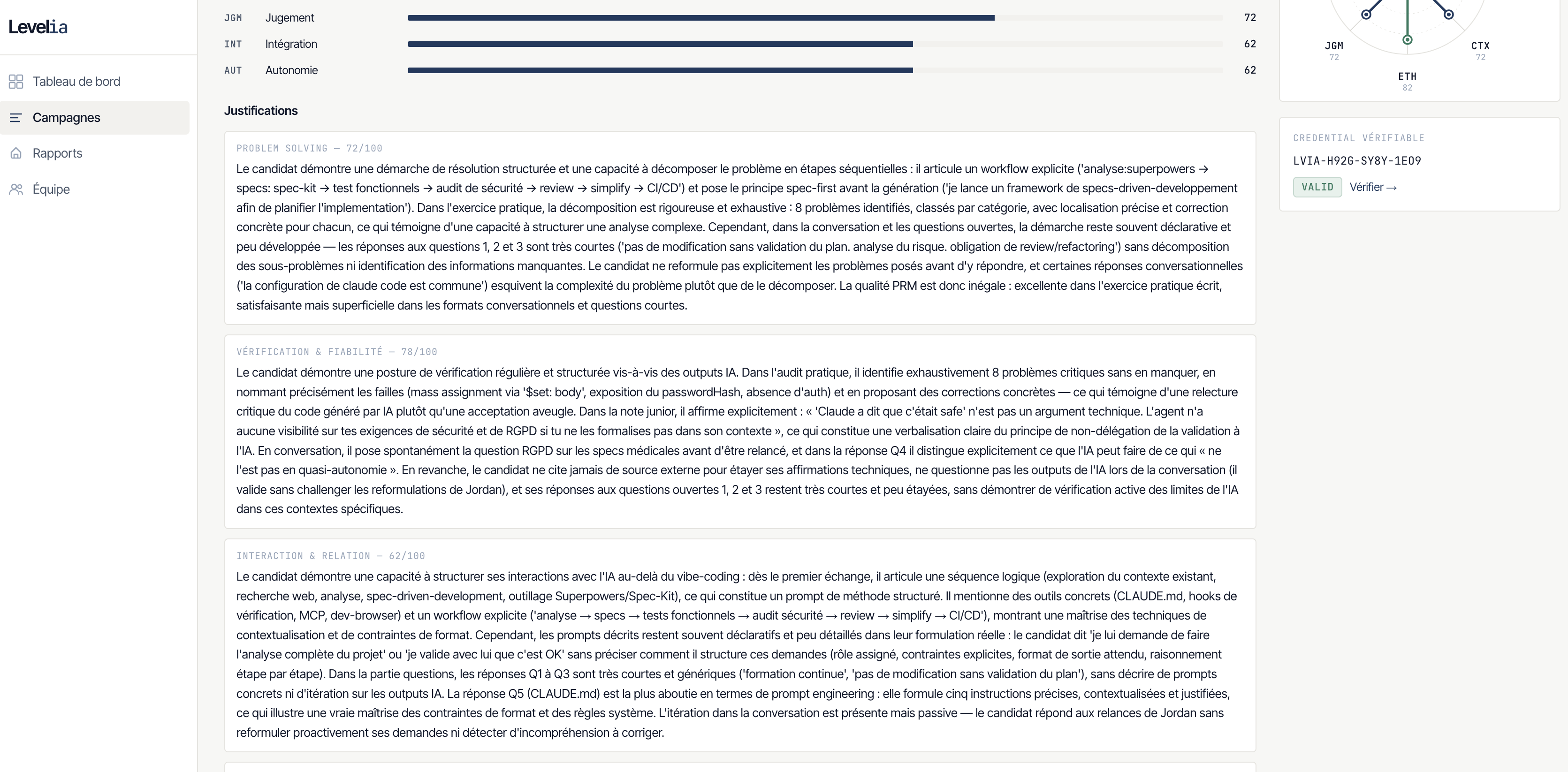 Rapport recruteur — justifications détaillées des 8 dimensions